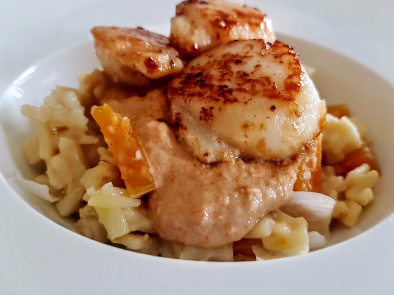 Sauce corail de saintjacques et risotto de crozets Ça a Leyre bon